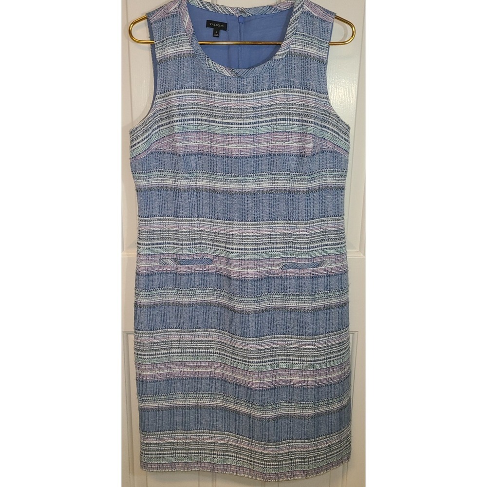 TALBOTS Blue Purple Tweed Polyester Blend Sleeveless Lined Sheath Dress Size‎ 8